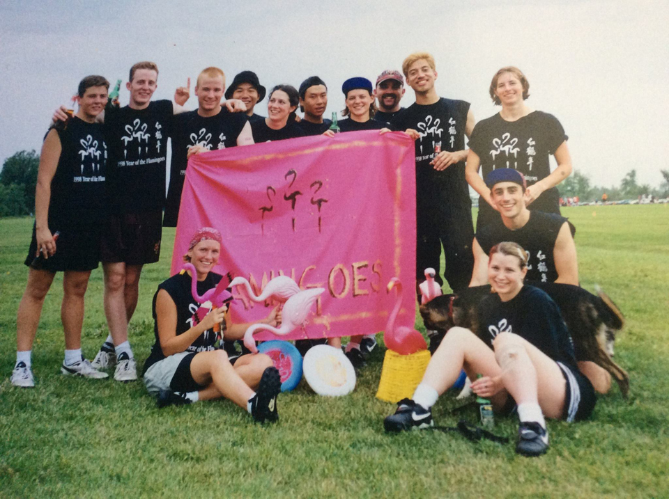Fabulous Flying Flamingoes league team, with Gavin (third from right) and Karlis Bouse (second from right)